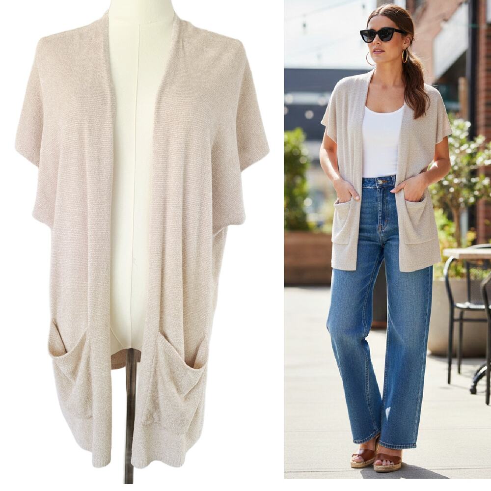 TOMMY BAHAMA Island Soft Cap Sleeve Open Cardigan Sweater Beige Small Medium